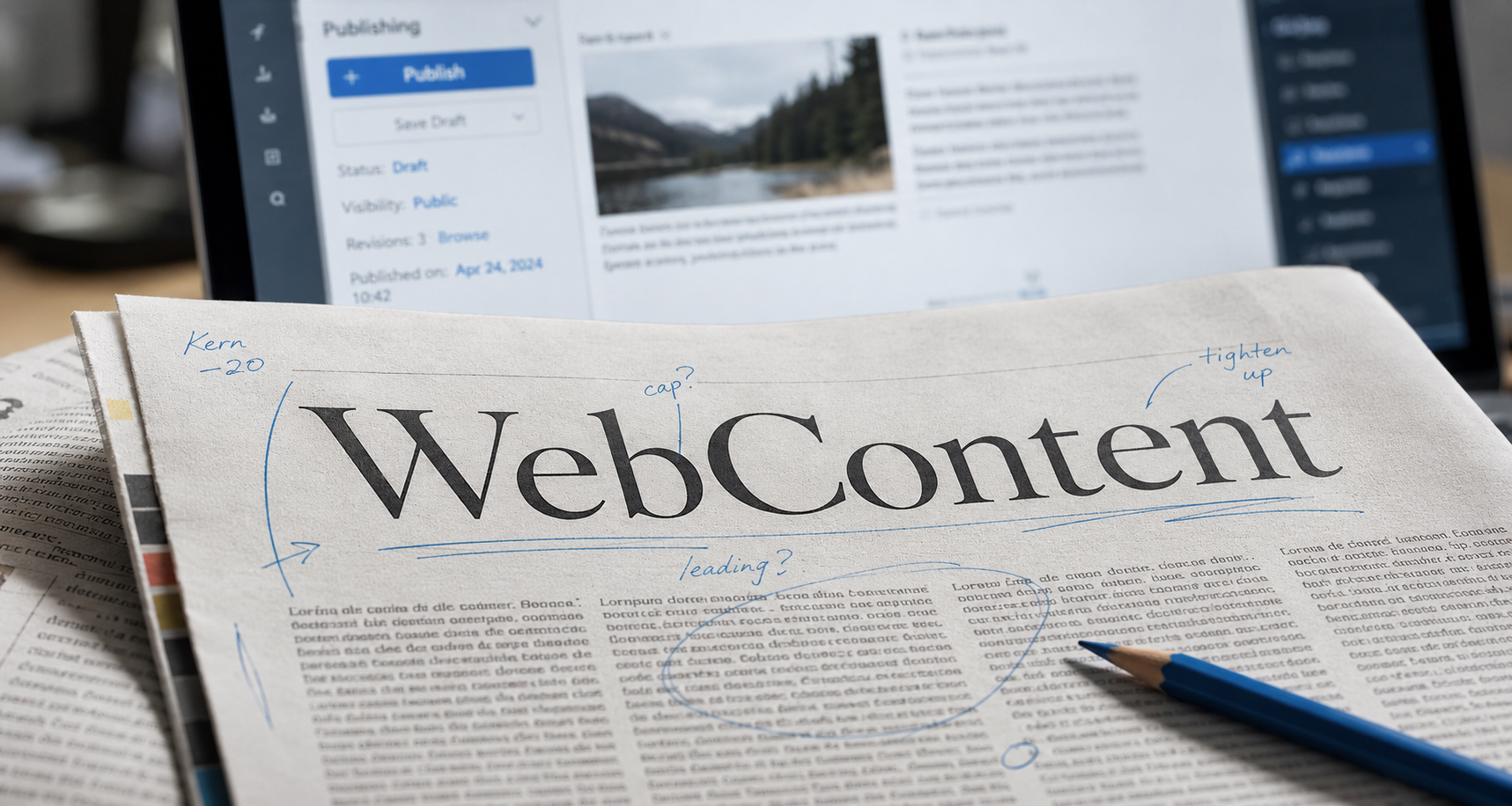 Marked-up newsprint proof with a WebContent masthead and a CMS screen behind